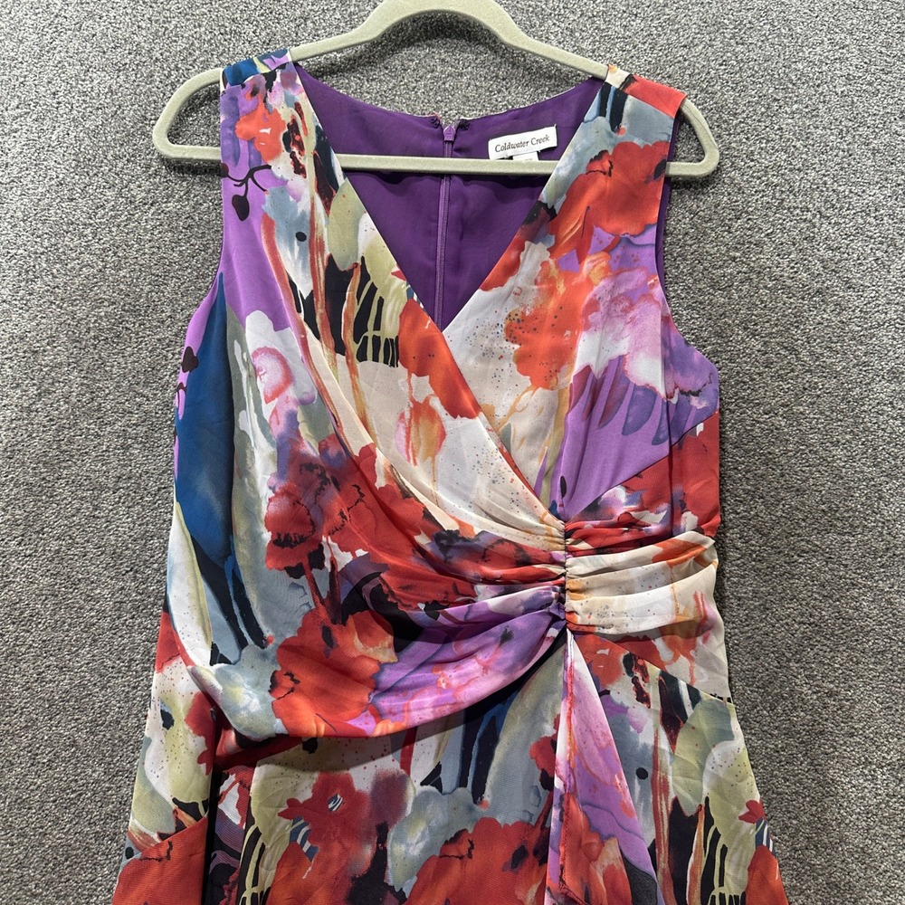 Coldwater Creek Womens 14 Abstract Floral Chiffon Midi Dress Purple Sleeveless - Picture 6 of 9
